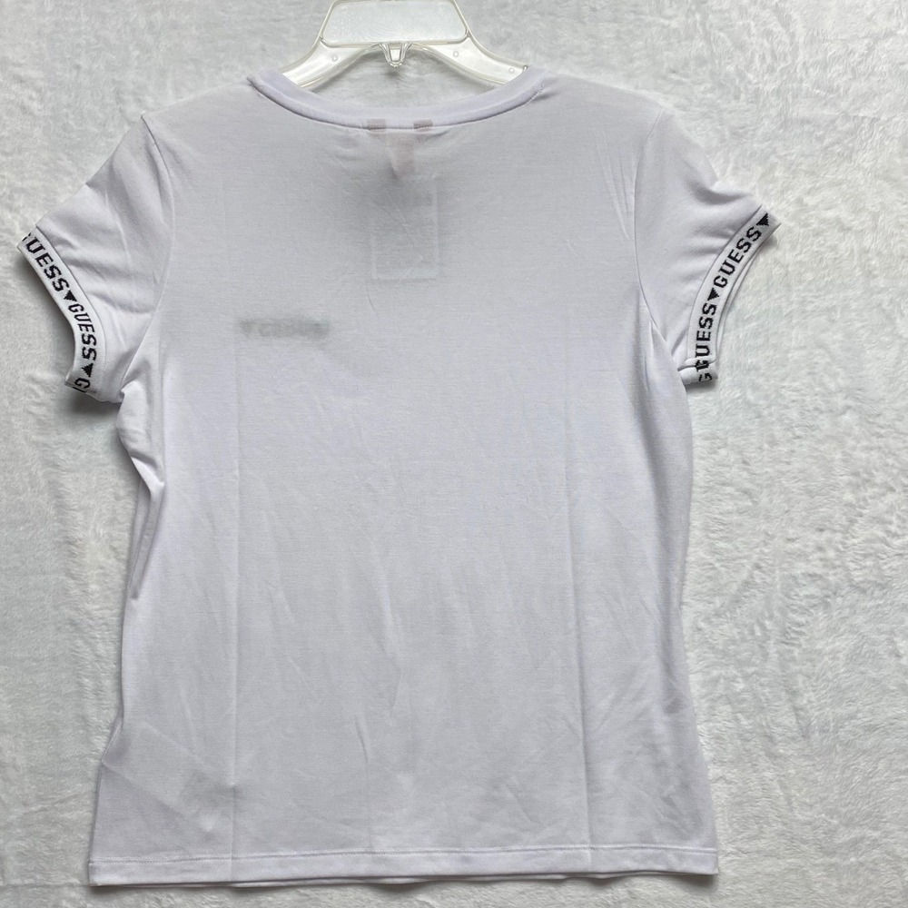 Guess Womens Logo Tape Sleeve Crewneck T-Shirt White Cotton Tee M‎ NWT - Picture 5 of 6